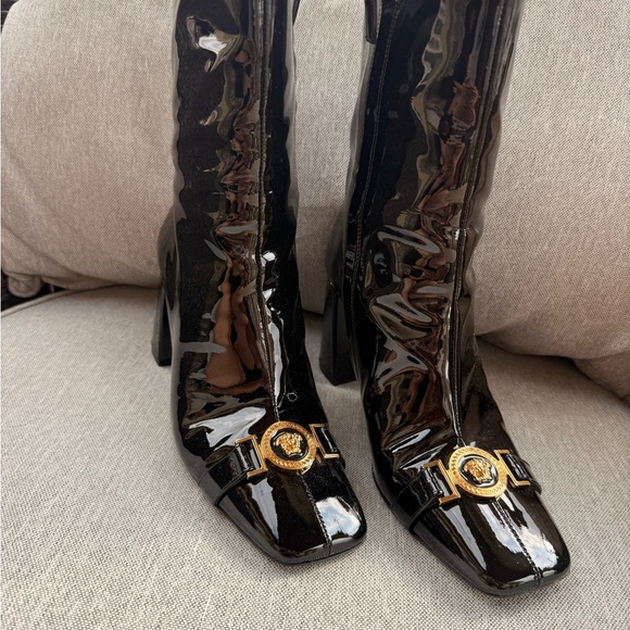 Versace Shoes - Versace Black Patent Leather Boots with Gold Medusa Buckle